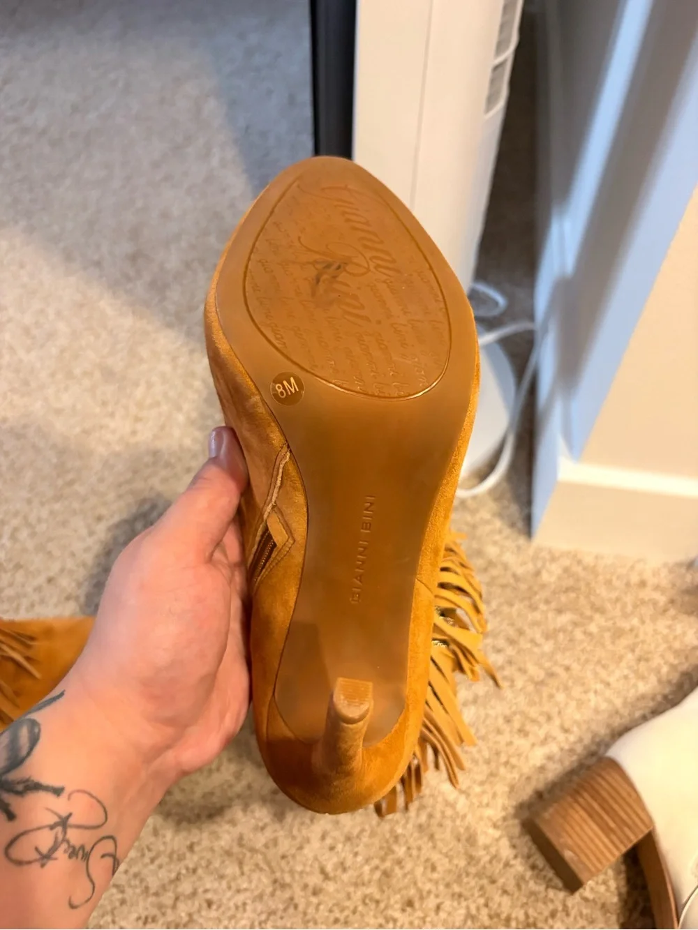 Gianni Bini Brown Suede Fringe High Heel Ankle Booties with Gold Chains